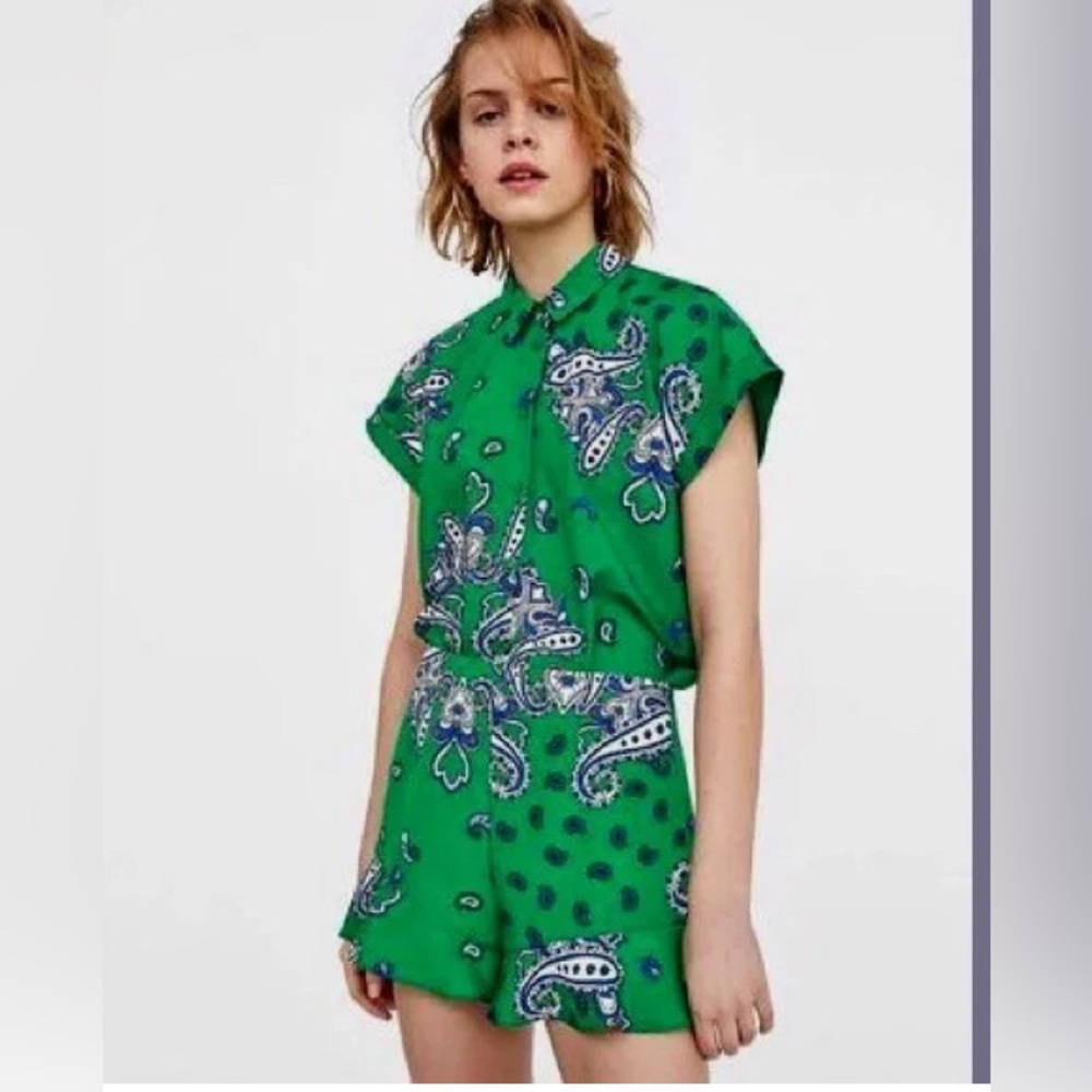 Zara button front green paisley top